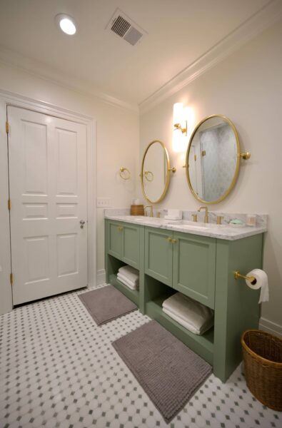 Whispering Wood bathroom vanity green with two sinks