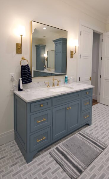 Whispering Wood blue bathroom vanity with one basin